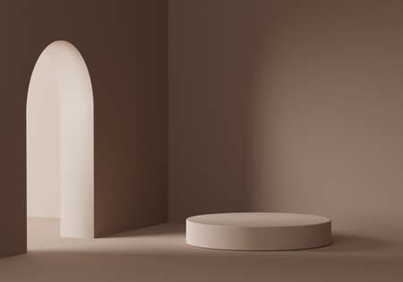 Cosmetic round podium or pedestal in room, Abstract product display podium, 3d rendering studio with geometric shapes, Cosmetic product minimal scene with platformの写真素材
