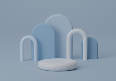 Cosmetic round podium or pedestal with on blue background, Abstract product display podium, 3d rendering studio with geometric shapes, Cosmetic product minimal scene with platformの写真素材