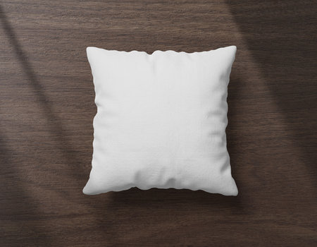 Premium Quality Square Pillow Cushion Mockup on Woden Deskの写真素材