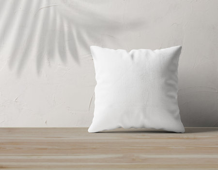 Square Pillow Mockup on Woden Deskの写真素材
