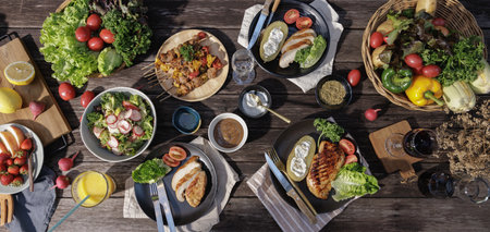 Grilled meat and chicken steak ingredients on a plate, creating a delicious and healthy cuisine meal with delicious dinner or breakfast party time with familyの写真素材