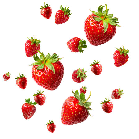 Strawberries flying in air, Healthy organic berry natural ingredients concept, Empty space in studio shot isolated on white backgroundの写真素材