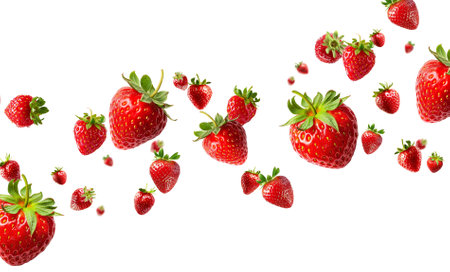 Strawberries falling in air, Healthy organic berry natural ingredients concept, Empty space in studio shot isolated on white background long bannerの写真素材