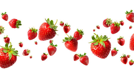 Strawberries falling in air, Healthy organic berry natural ingredients concept, Empty space in studio shot isolated on white background long bannerの写真素材