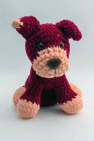 Handmade Amigurumi dolls: rats, dog, cat photographed on a white background.の写真素材
