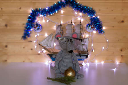 Handmade amigurumi toys celebrate Christmas and give gifts.の写真素材