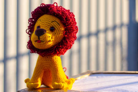 Lion doll amigurumi in the rays of the evening sun.の写真素材