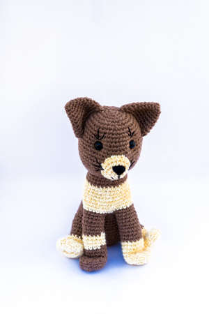 Handmade doll amigurumi cat on a white background.の写真素材