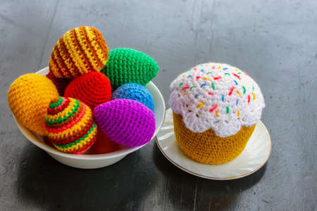 Handmade crocheted Easter eggs and Easter cake