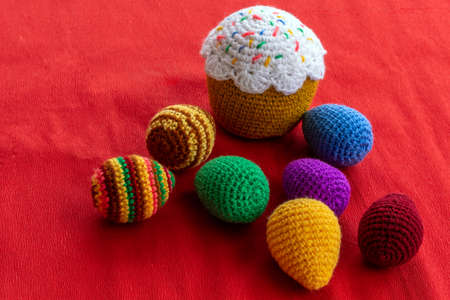 Handmade crocheted Easter eggs and Easter cake