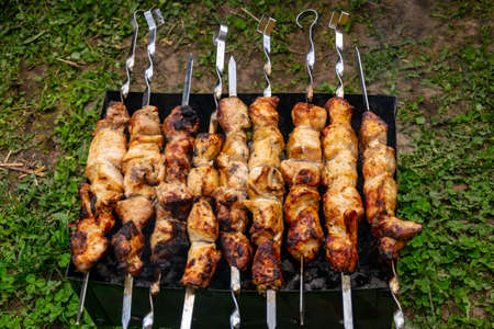 Cooking skewers of nyens on skewers on the grill