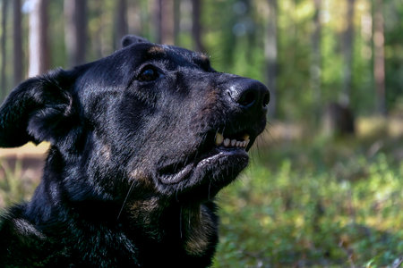 Head of a black dog with bared teeth.の写真素材