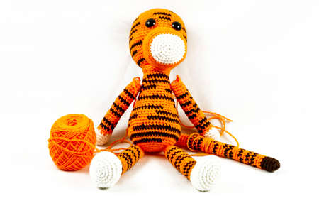 Amigurumi doll details, balls of yarn, crochet hook, isolate.の写真素材