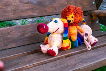 Amigurumi doll dog among flowers in the garden.の写真素材
