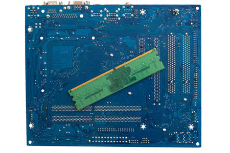 Photo of a personal computer motherboard from the back, blue,isolate