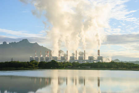 Coal power plant with steam pouring out of the stack, Mae Moh Power Plant, Lampang, Thailand