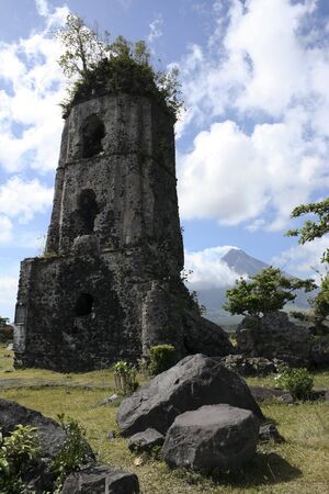 ruins of cagsawa church and mayon volcano in albay province south luzon in the philippinesの写真素材