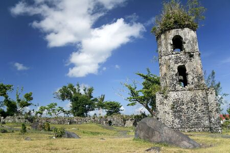 ruins of colonial cagsawa church belfry destroyed by the mayon volcano in albay province south luzon in the Philippinesの写真素材