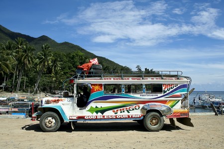 iconic philippines local public transport vehicle the jeppney parked in sabang palawanのeditorial素材