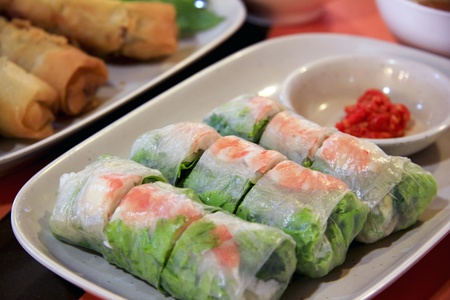vietnamese summer rolls, fresh spring rolls with prawn and vegetable served with chilli po noodle...