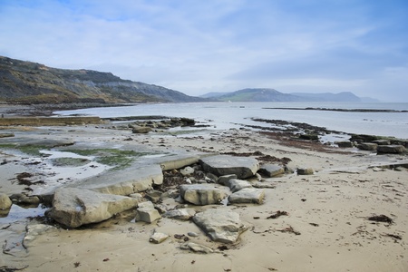 rocks on the beach of the jurassic coast in lyme regis dorset englandの写真素材
