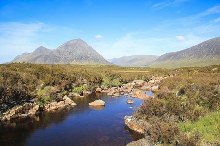 river running through the barren moors of glen goe pass in the highlands of scotlandの写真素材