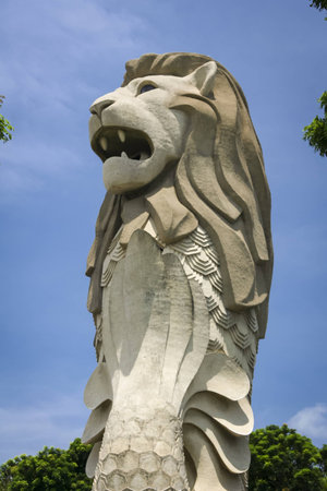iconic merlion statue towering over sentosa island in singapore cityのeditorial素材