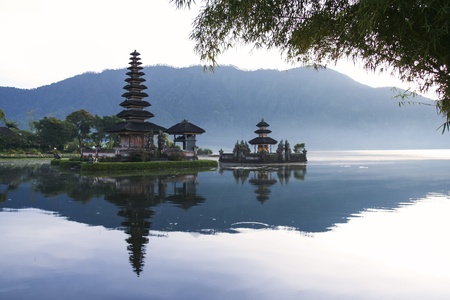 hindu temple Pura Ulun Danu on lake brataan in bedugal bali indonesiaの写真素材