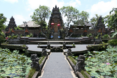 lotus flower ponds in the beautiful grounds of the Saraswati hindu temple ubud bali indonesiaの写真素材