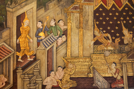 Bangkok, Thailand - Oct 11, 2008 : mural depicting a scene in typical thai style from the Ramayana In Wat Phra Chetuphon (Wat Po). Temple in Bangkok, Thailand.のeditorial素材