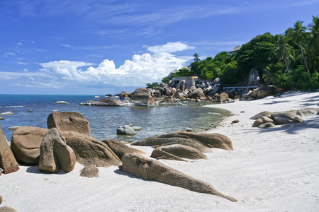 beautiful rocky beach with palm trees behind on ko samui island in the gulf of thailandの写真素材