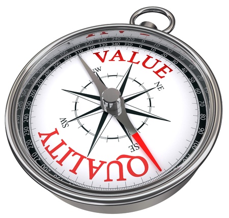 quality versus value concept compass isolated on white backgroundの写真素材