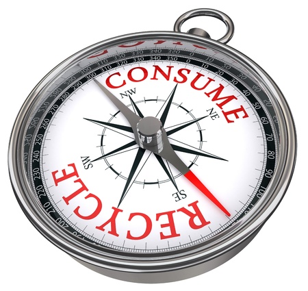 recycle versus consume concept compass isolated on white backgroundの写真素材