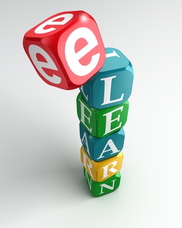 e learning sign 3d colorful buzzword tower on white backgroundの写真素材