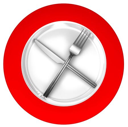 diet concept sign red and white with metal fork and knife isolated on white backgroundの写真素材