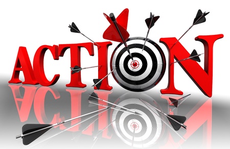 action red word and conceptual target with arrow on white backgroundの写真素材