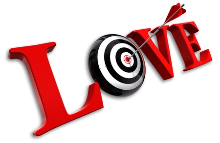 love red word and conceptual target with arrow on white backgroundの写真素材