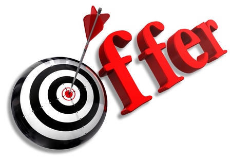 offer red word and conceptual target with arrow on white backgroundの写真素材