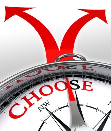 choose cross roads concept compass with red word and two arrows on white backgroundの写真素材
