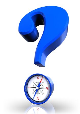 questionmark and compass blue symbol on white background.の写真素材