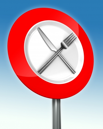 diet road sign red and white with metal fork and knife.の写真素材
