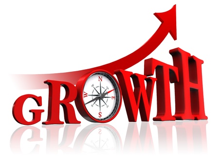 growth red word with compass and arrow on white background. の写真素材
