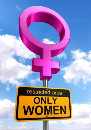 women only area road sign pink and ellow on sky background.の写真素材