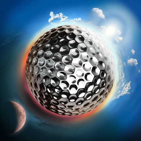 golf ball globe with sun and moon in space, planet conceptの写真素材