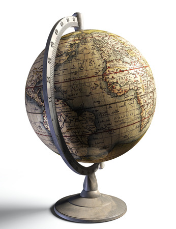 old history map on metal globe on white backgroundの写真素材