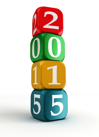 new year 2015 colorful dice box tower on white backgroundの写真素材