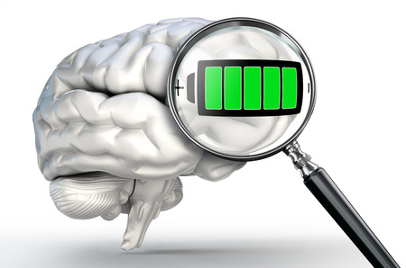 full energy symbol on magnifying glass and human brain on white backgroundの写真素材
