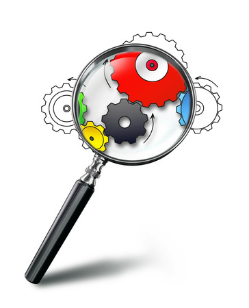 cog wheel concept with magnifying glass on white background. clipping path includedの写真素材
