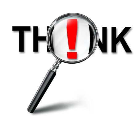 think word and red exclamation mark with magnifying glass on white background. clipping path includedの写真素材