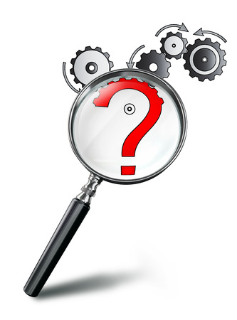 cog wheel concept with red question mark and magnifying glass on white background. clipping path includedの写真素材